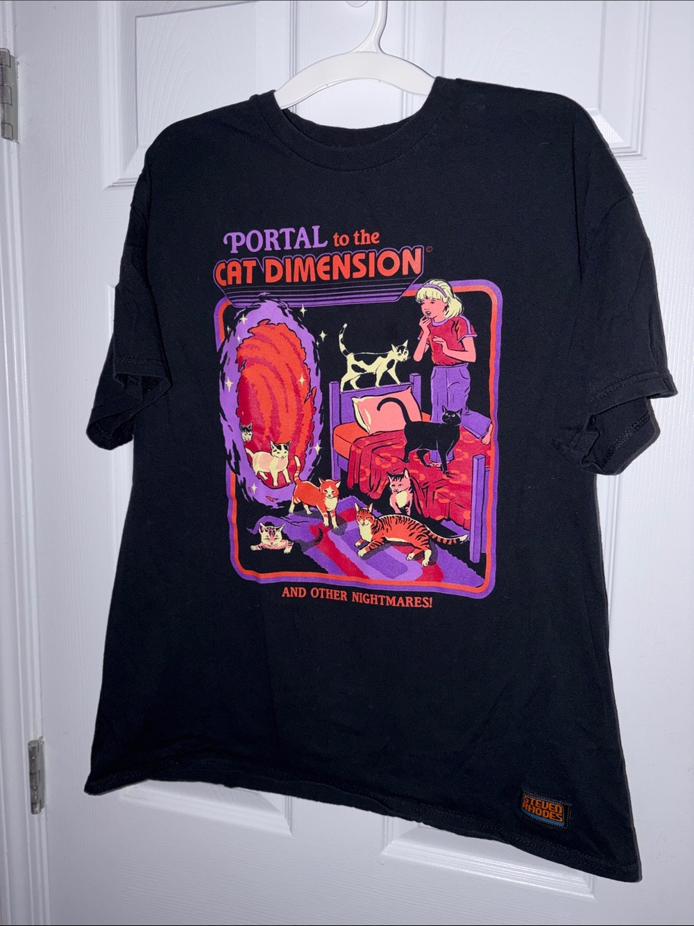 Portal to the Cat Dimension Graphic Tee - Black with Purple & Orange Art